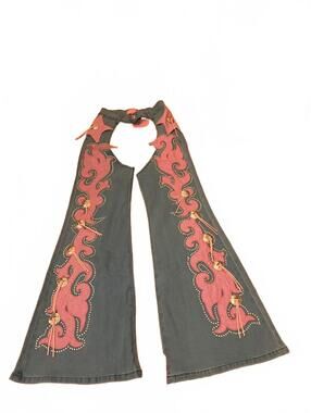 Sugar Thrillz XS Denim Western Cutout Flare Pants with Pink Embroidery